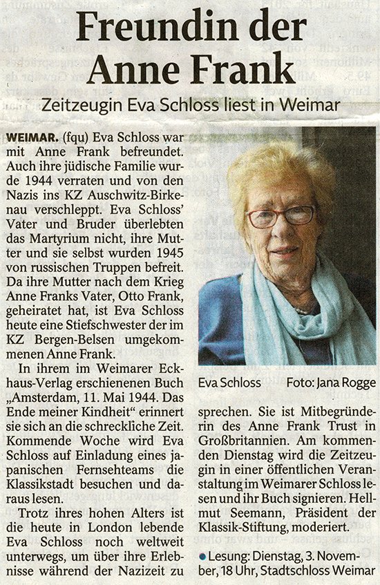 Zeitungsartikel über Eva Schloss